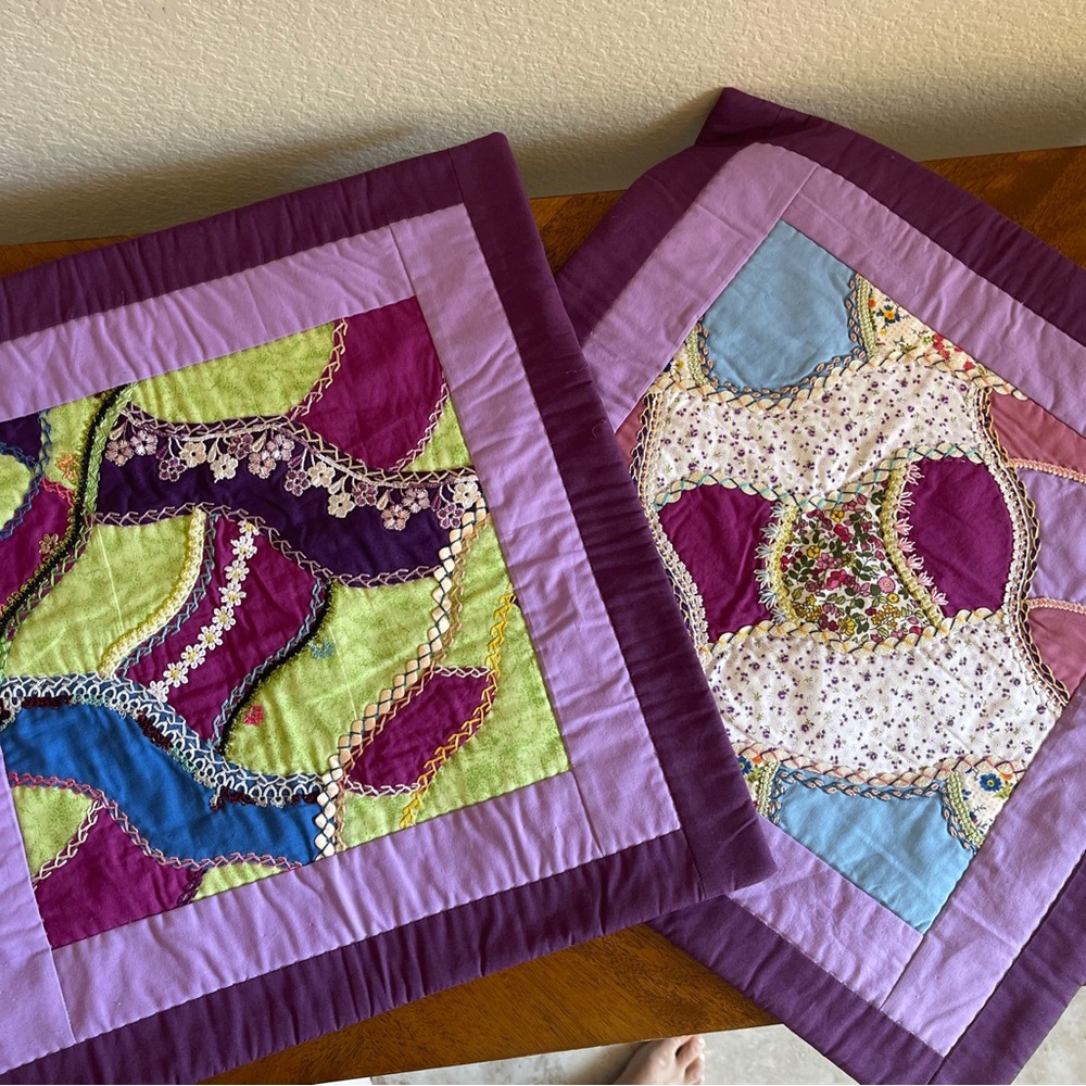Patchwork Quilted Pillow Shams 2 Embroidered Ribbon Flowers New Handmade
